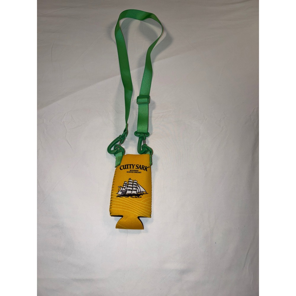 Vintage Cutty Sark Blended Scotch Whisky Can Cooler Sleeve Lanyard Yellow Green